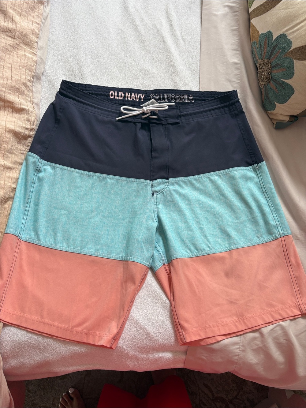 Old Navy Men’s Colorblock Swim Trunks - Navy, Aqua & Coral